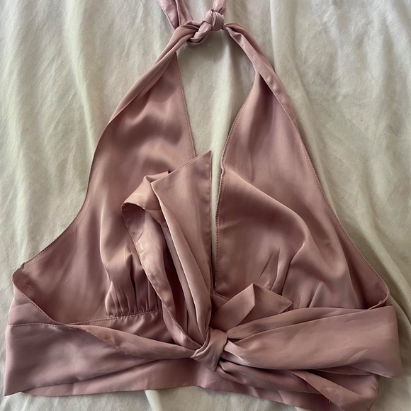 Cotton Candy LA Satin Cropped Halter Top Pink - Picture 2 of 2